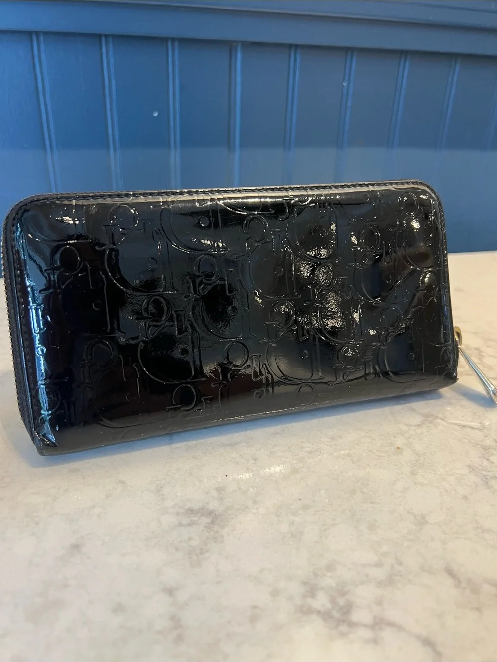 Christian Dior Black Patent Leather Trotter Zip Wallet